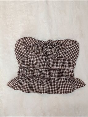 Sienna Sky Brown Gingham Strapless Smocked Ruffle Camisole